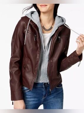 Jou Jou Vegan Leather Moto Jacket w/ Removable Hoodie – Brown/Walnut Size L EUC
